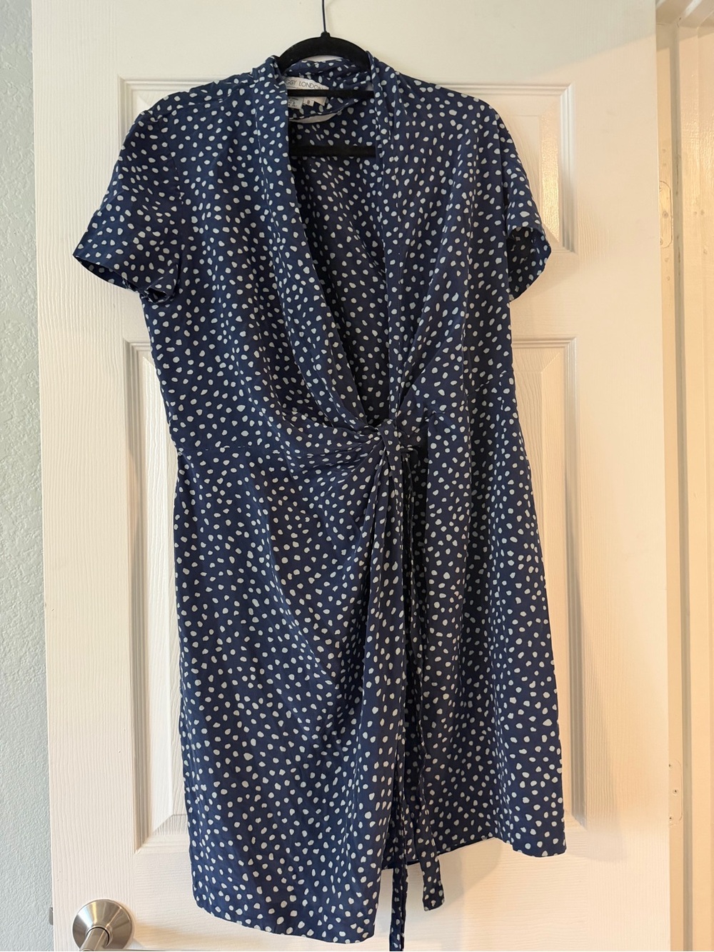 Maggy London Navy and White Polka Dot Wrap-Style Dress